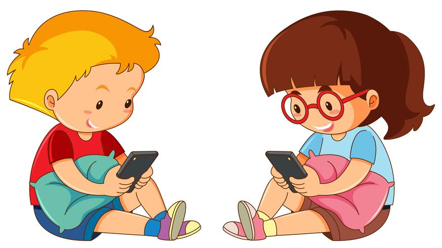 vector children playing mobile phone